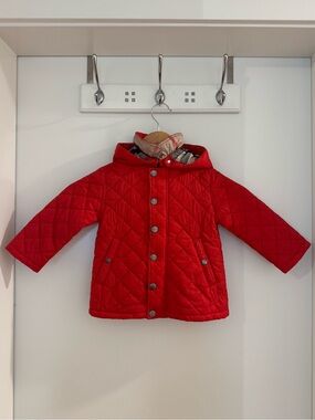 Burberry Children Red Quilted Nova Check Hooded Jacket 18M 86cm